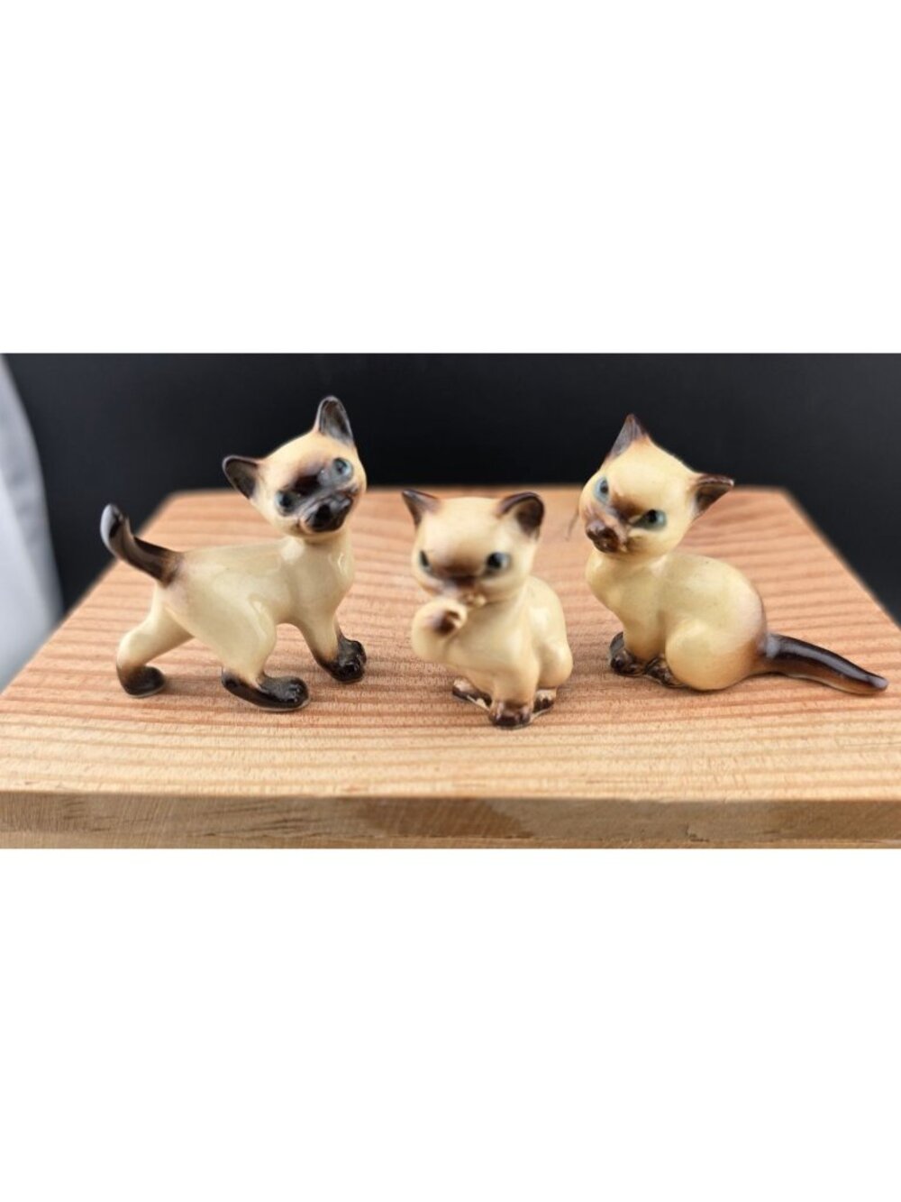 Vintage Miniature Siamese Cat Figurines Set Of 3 Ceramic Brown & Cream